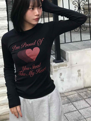 Heart Print Slim Fit Round Long Sleeve T-shirt