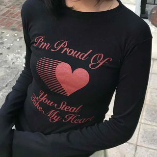 Heart Print Slim Fit Round Long Sleeve T-shirt