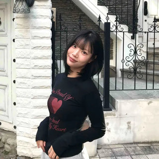 Heart Print Slim Fit Round Long Sleeve T-shirt