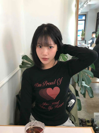 Heart Print Slim Fit Round Long Sleeve T-shirt