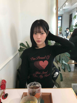 Heart Print Slim Fit Round Long Sleeve T-shirt