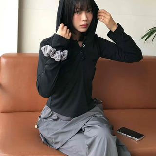 Half Snap Button Cotton Hooded Layered T-shirt