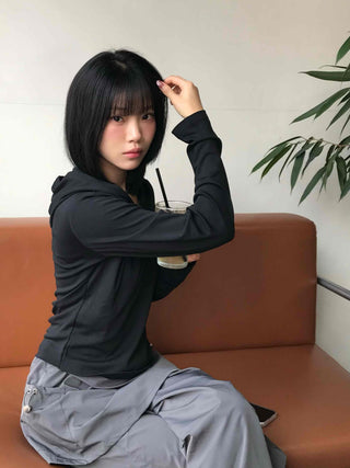 Half Snap Button Cotton Hooded Layered T-shirt