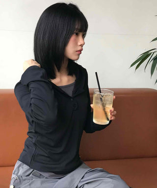 Half Snap Button Cotton Hooded Layered T-shirt