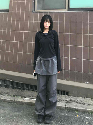 Half Snap Button Cotton Hooded Layered T-shirt