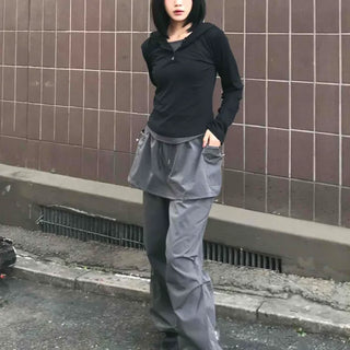 Half Snap Button Cotton Hooded Layered T-shirt