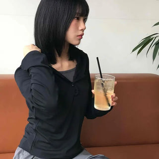 Half Snap Button Cotton Hooded Layered T-shirt