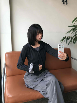 Half Snap Button Cotton Hooded Layered T-shirt