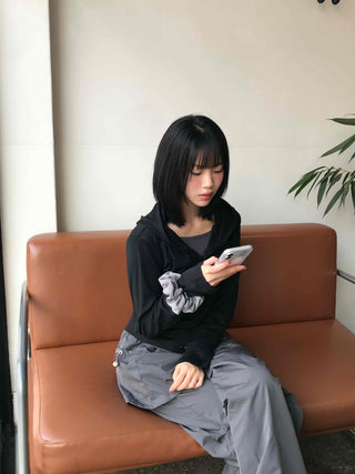 Half Snap Button Cotton Hooded Layered T-shirt