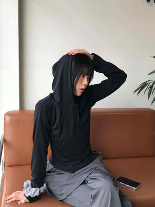 Half Snap Button Cotton Hooded Layered T-shirt