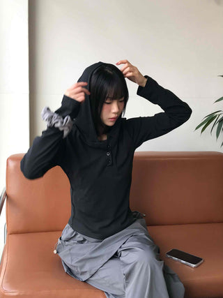Half Snap Button Cotton Hooded Layered T-shirt