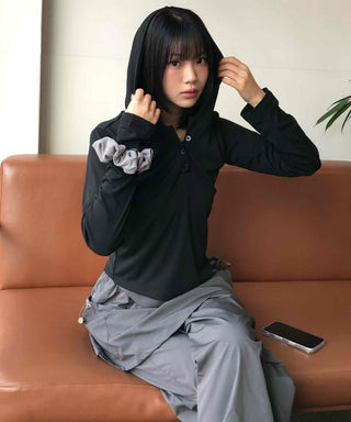 Half Snap Button Cotton Hooded Layered T-shirt