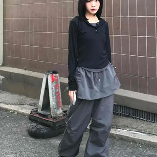 Loose Fit Wide Skirt Pants with Pintuck String Detail