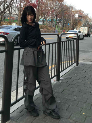 Loose Fit Wide Skirt Pants with Pintuck String Detail