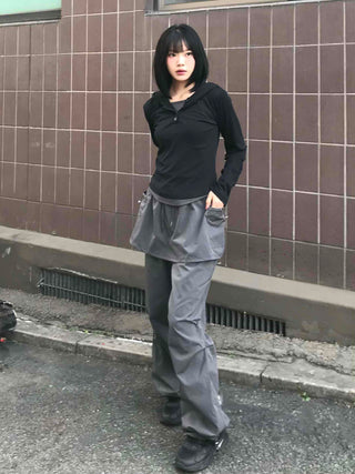Loose Fit Wide Skirt Pants with Pintuck String Detail