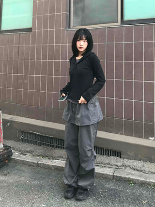 Loose Fit Wide Skirt Pants with Pintuck String Detail