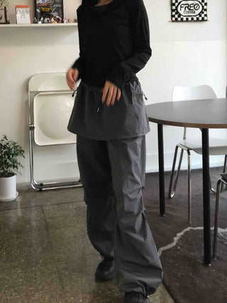 Loose Fit Wide Skirt Pants with Pintuck String Detail