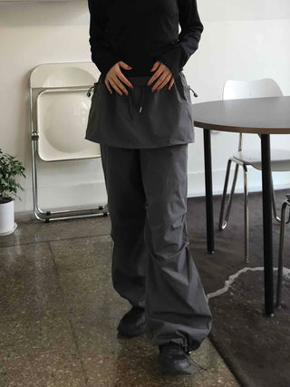 Loose Fit Wide Skirt Pants with Pintuck String Detail