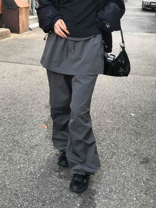 Loose Fit Wide Skirt Pants with Pintuck String Detail