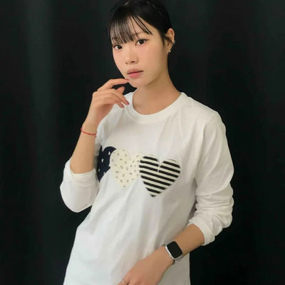 Triple Heart Patch Round Long Sleeve T-shirt
