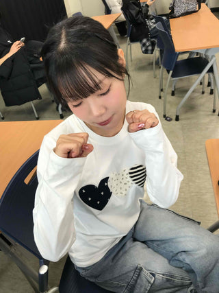 Triple Heart Patch Round Long Sleeve T-shirt