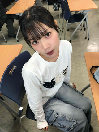 Triple Heart Patch Round Long Sleeve T-shirt