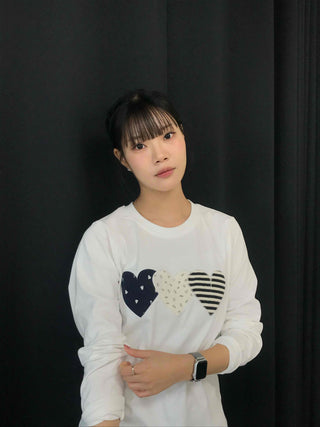 Triple Heart Patch Round Long Sleeve T-shirt