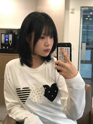 Triple Heart Patch Round Long Sleeve T-shirt