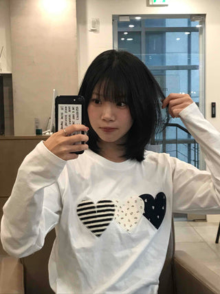 Triple Heart Patch Round Long Sleeve T-shirt