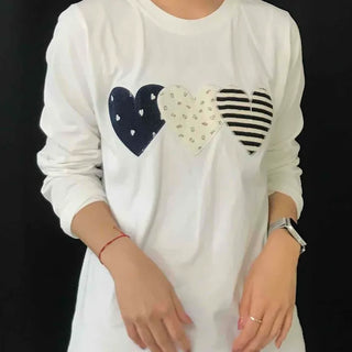 Triple Heart Patch Round Long Sleeve T-shirt