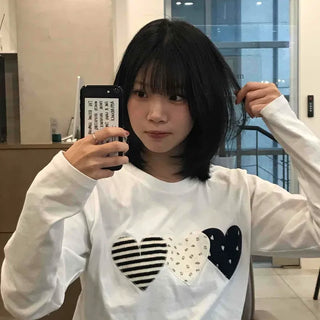 Triple Heart Patch Round Long Sleeve T-shirt