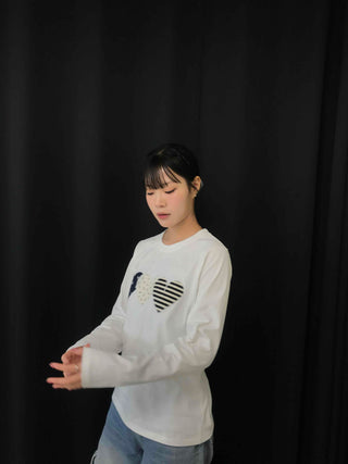 Triple Heart Patch Round Long Sleeve T-shirt