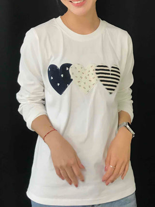 Triple Heart Patch Round Long Sleeve T-shirt
