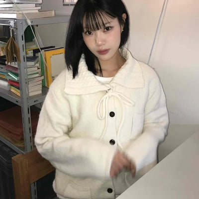 Big Collar Ribbon Point Pocket Short Knit Cardigan