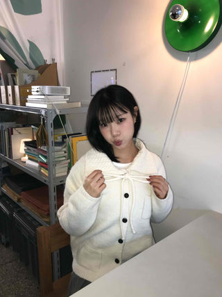 Big Collar Ribbon Point Pocket Short Knit Cardigan