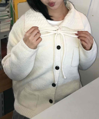 Big Collar Ribbon Point Pocket Short Knit Cardigan