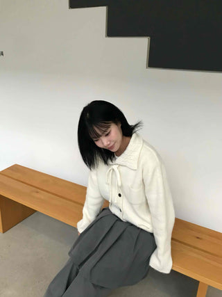 Big Collar Ribbon Point Pocket Short Knit Cardigan