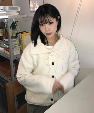 Big Collar Ribbon Point Pocket Short Knit Cardigan