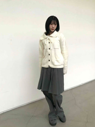 Big Collar Ribbon Point Pocket Short Knit Cardigan