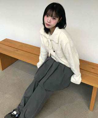 Big Collar Ribbon Point Pocket Short Knit Cardigan