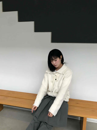 Big Collar Ribbon Point Pocket Short Knit Cardigan
