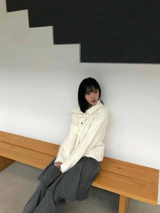 Big Collar Ribbon Point Pocket Short Knit Cardigan