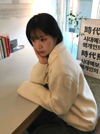 Big Collar Ribbon Point Pocket Short Knit Cardigan
