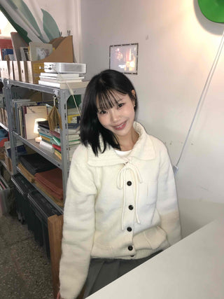 Big Collar Ribbon Point Pocket Short Knit Cardigan
