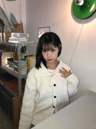 Big Collar Ribbon Point Pocket Short Knit Cardigan