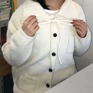 Big Collar Ribbon Point Pocket Short Knit Cardigan