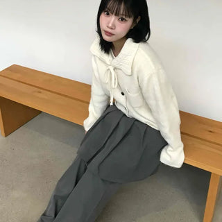 Big Collar Ribbon Point Pocket Short Knit Cardigan