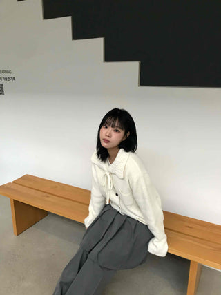 Big Collar Ribbon Point Pocket Short Knit Cardigan