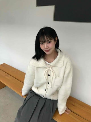 Big Collar Ribbon Point Pocket Short Knit Cardigan