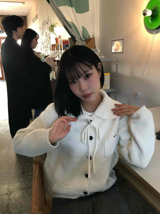 Big Collar Ribbon Point Pocket Short Knit Cardigan